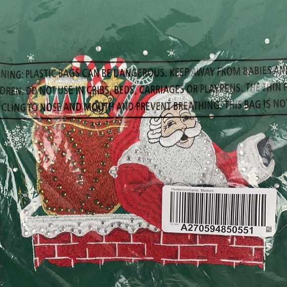 Quaker Factory Christmas Holiday Shirt Santa Appliqué Rhinestones Green Med NEW - Picture 2 of 4